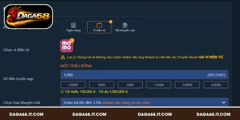 Cách nạp tiền DAGA68 chi tiết cho người chơi